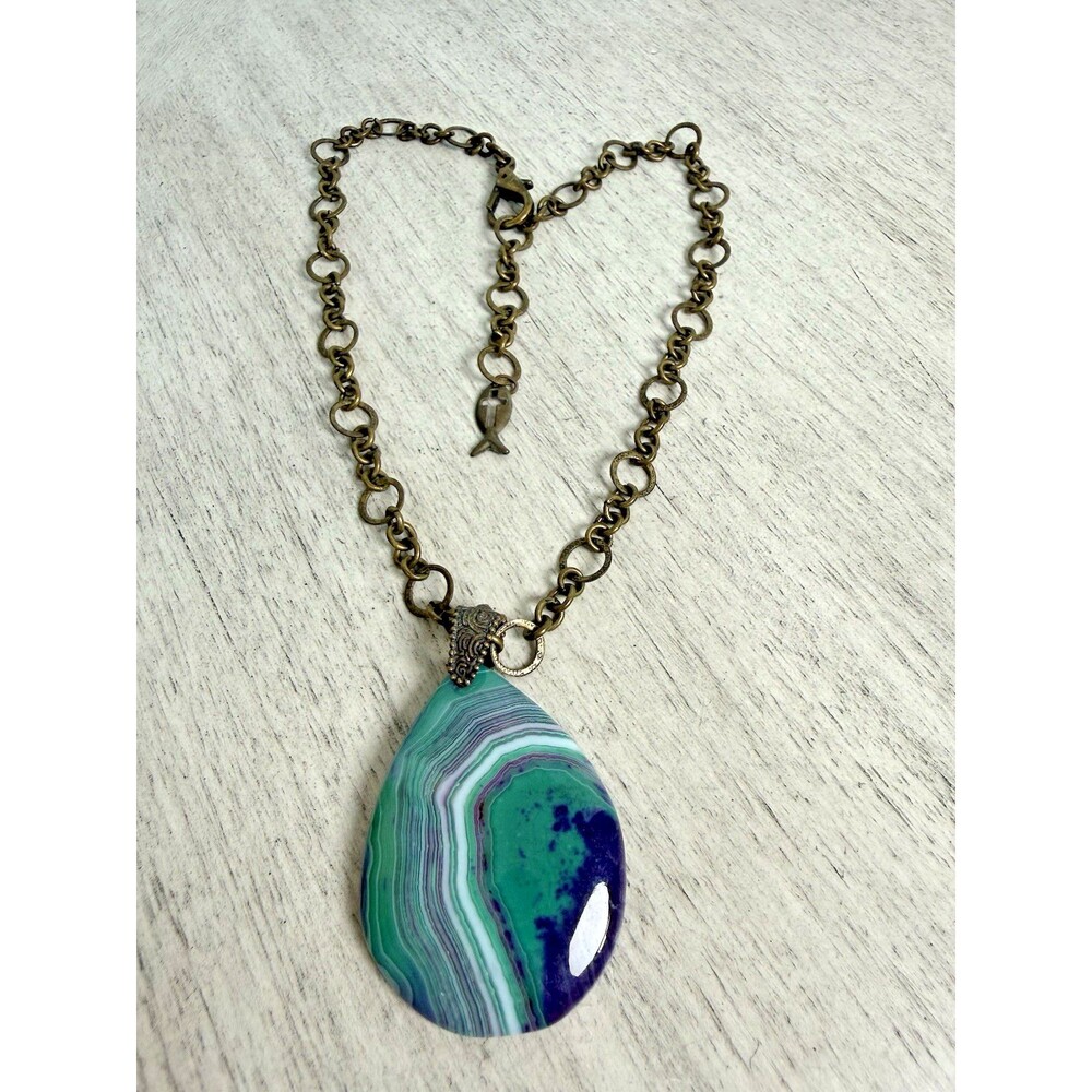Boho Artisan Green Purple Agate Teardrop Brass Chain Necklace & Fish Cross Charm
